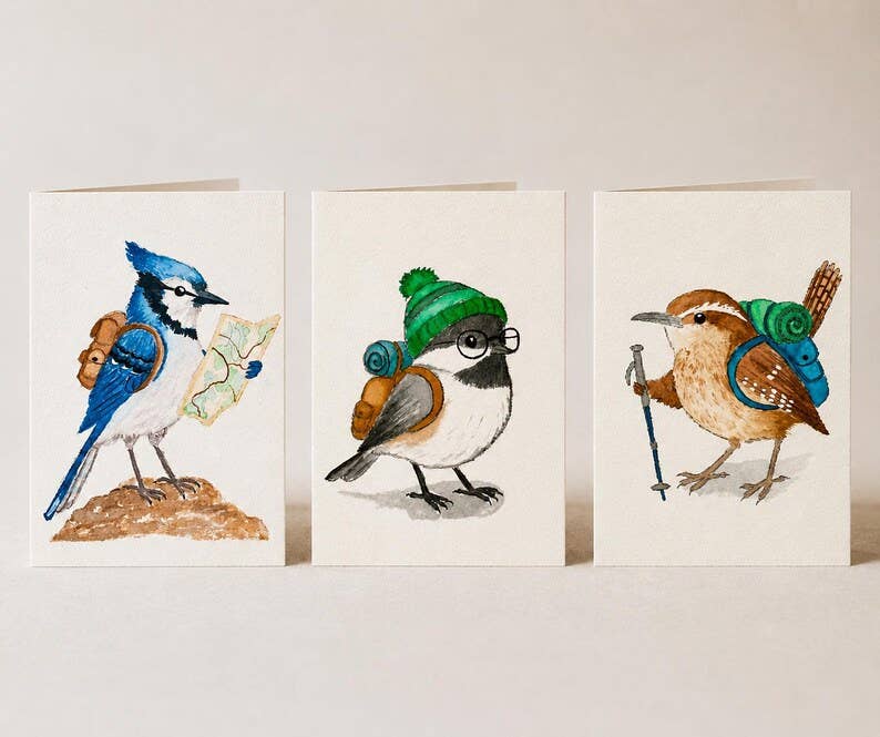 Backpacking Bird Watercolor Cards – Chickadee, Wren, Blue Jay Greeting Set (4"x5.5")