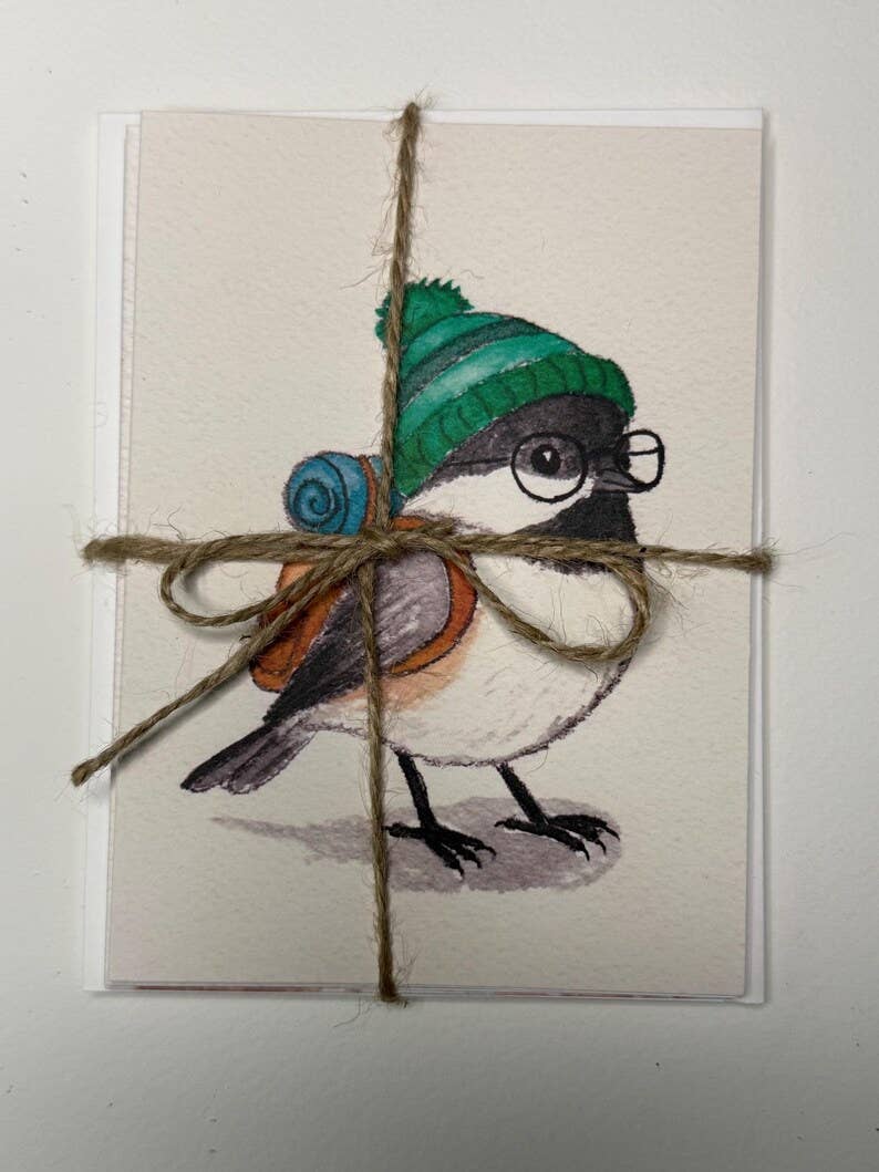 Backpacking Bird Watercolor Cards – Chickadee, Wren, Blue Jay Greeting Set (4"x5.5")
