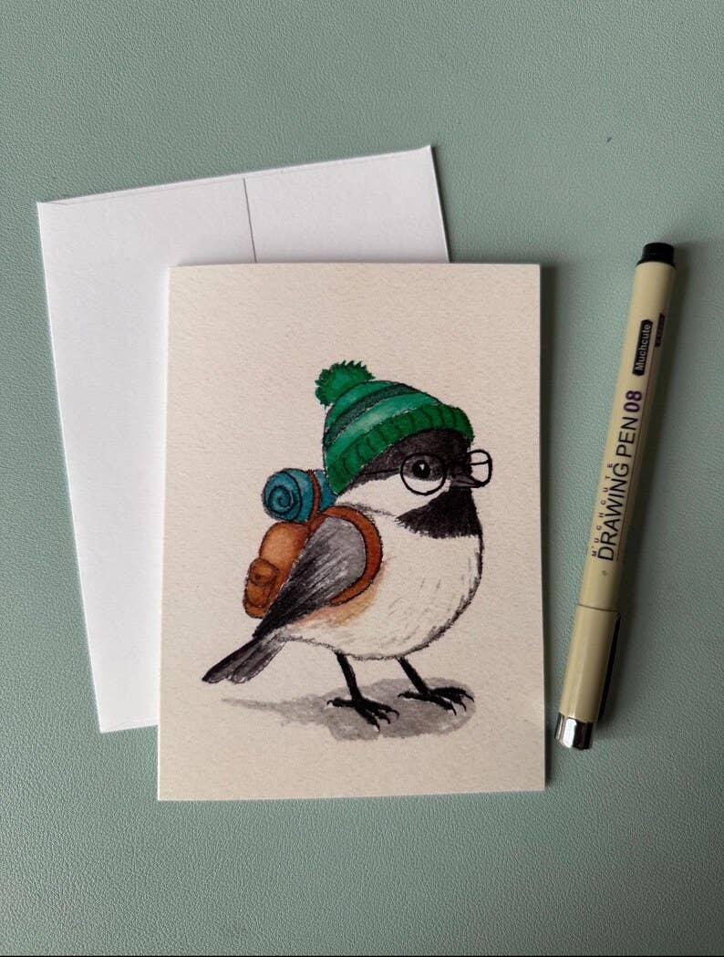 Backpacking Bird Watercolor Cards – Chickadee, Wren, Blue Jay Greeting Set (4"x5.5")
