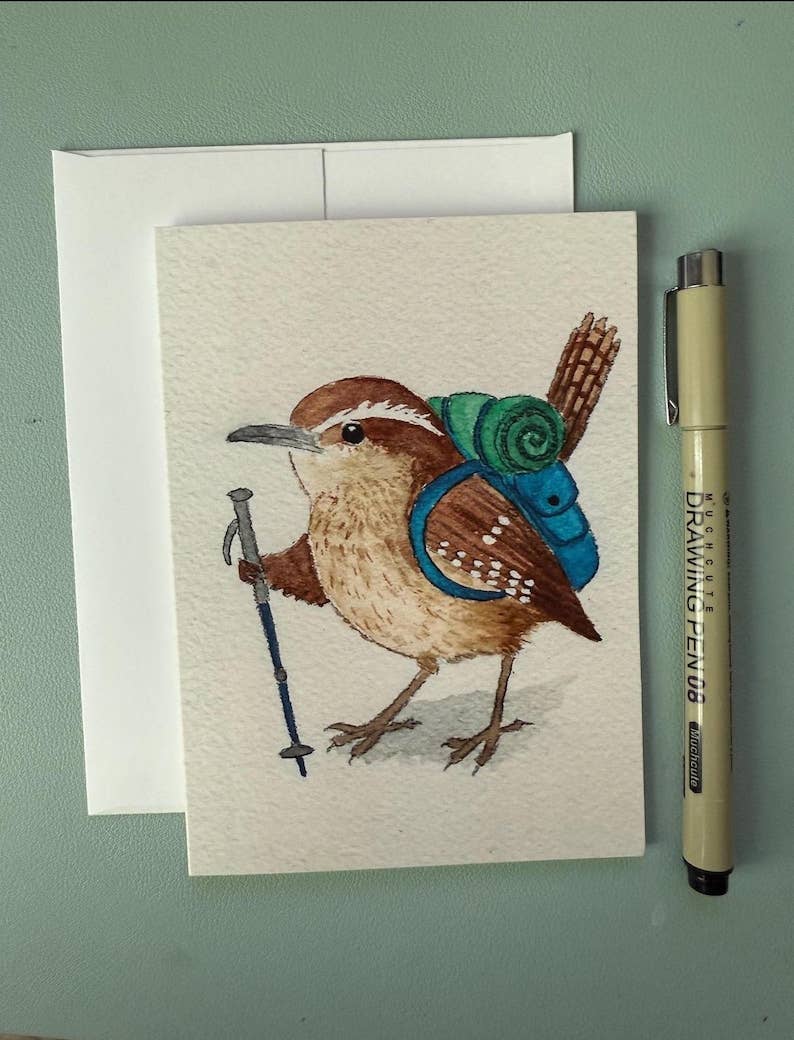 Backpacking Bird Watercolor Cards – Chickadee, Wren, Blue Jay Greeting Set (4"x5.5")