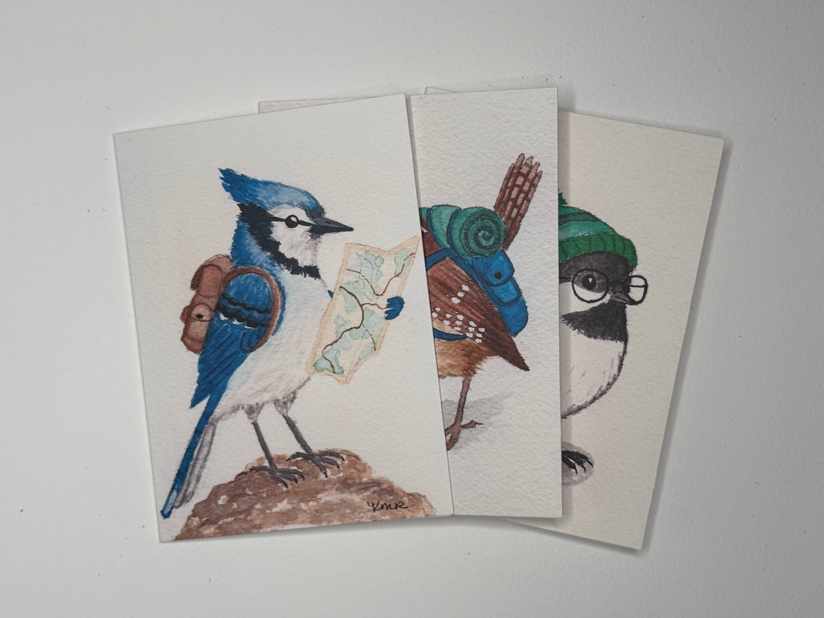 Backpacking Bird Watercolor Cards – Chickadee, Wren, Blue Jay Greeting Set (4"x5.5")
