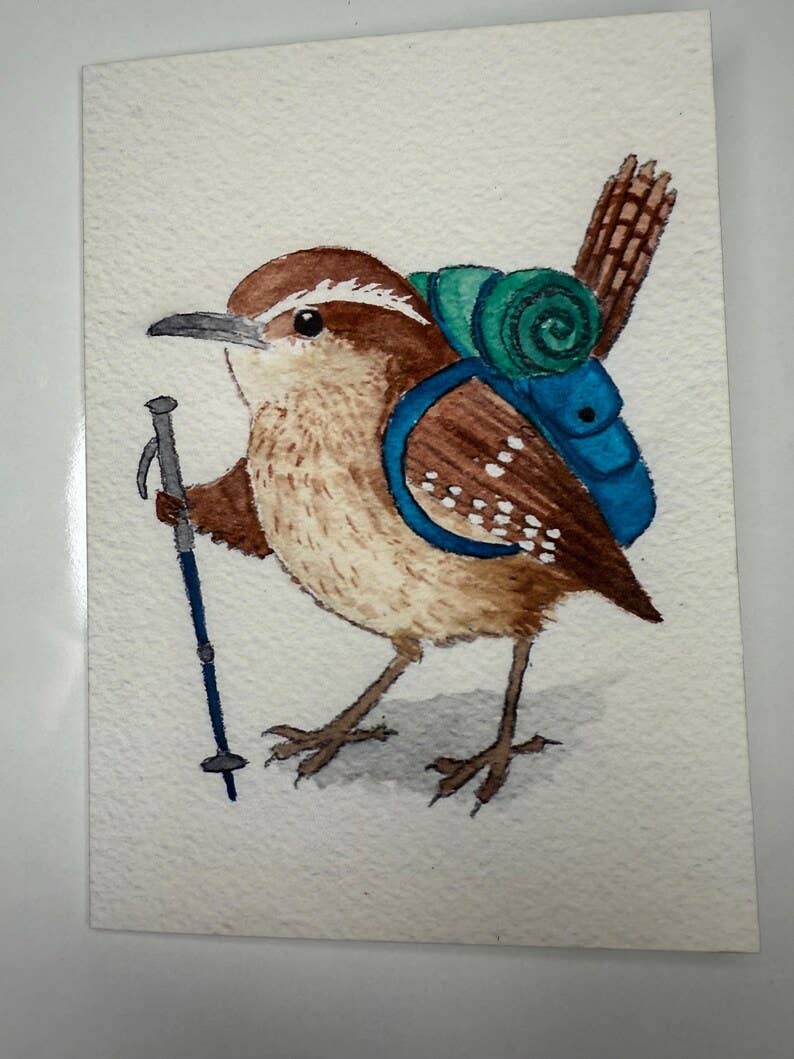 Backpacking Bird Watercolor Cards – Chickadee, Wren, Blue Jay Greeting Set (4"x5.5")