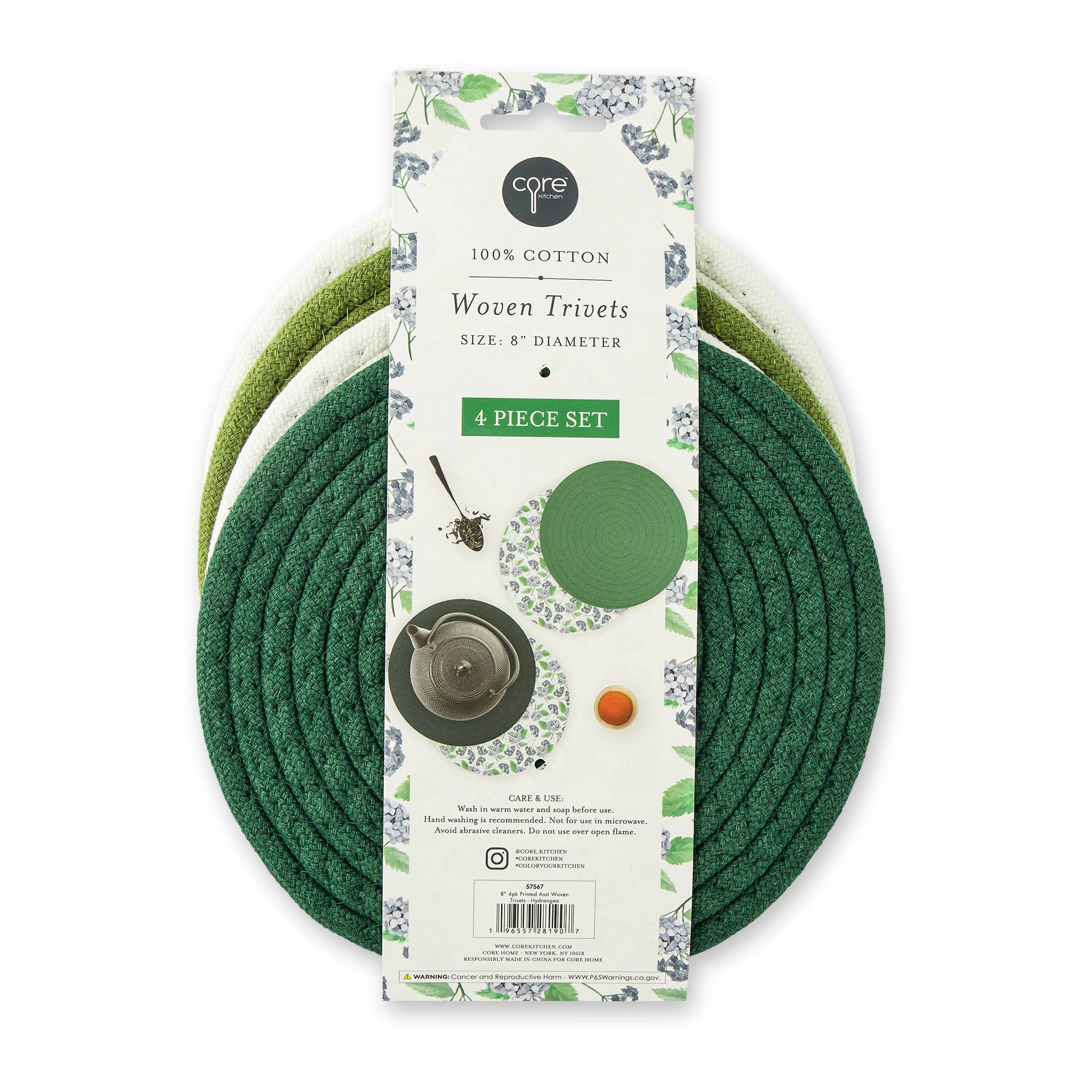 8" 4pk Printed Asst Woven Trivets - Hydrangea