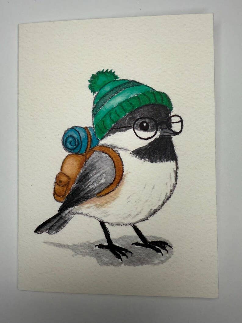 Backpacking Bird Watercolor Cards – Chickadee, Wren, Blue Jay Greeting Set (4"x5.5")