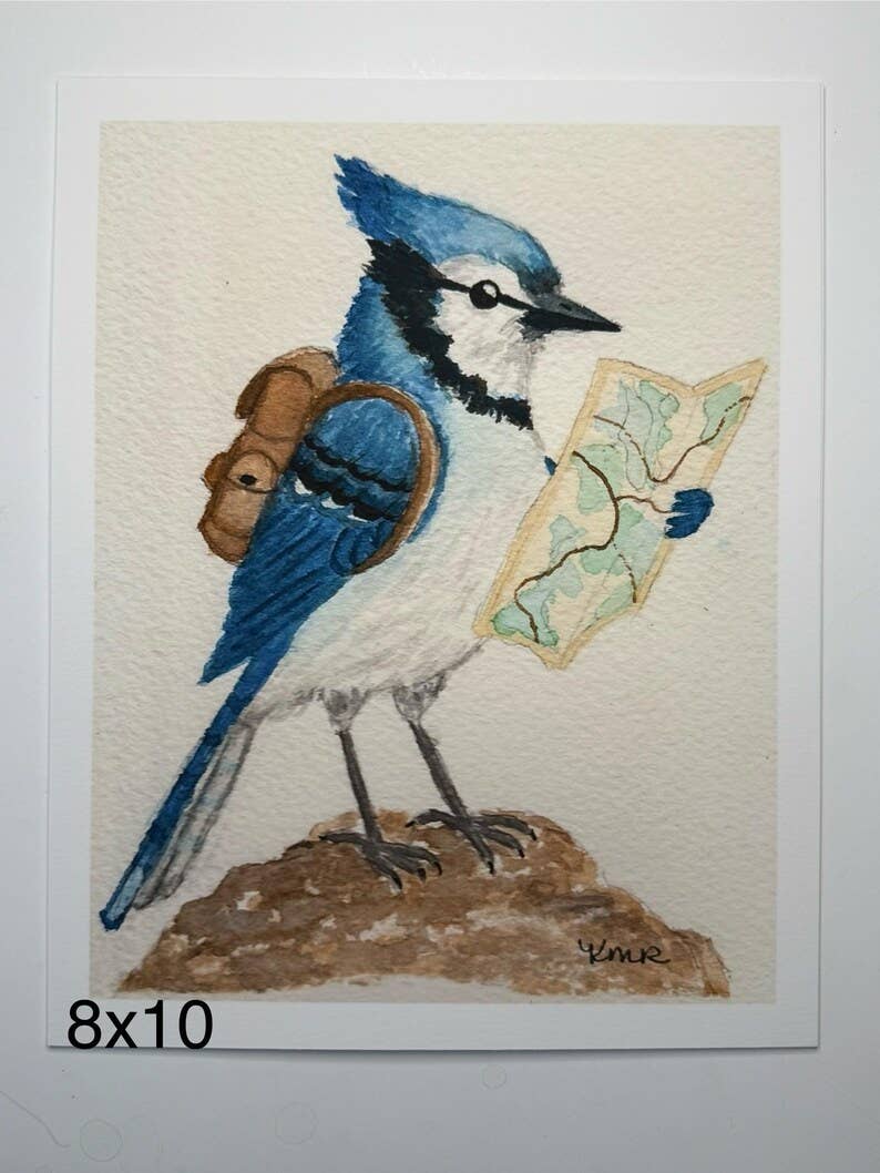 Backpacking Blue Jay Print | Watercolor Print | Bird Painting