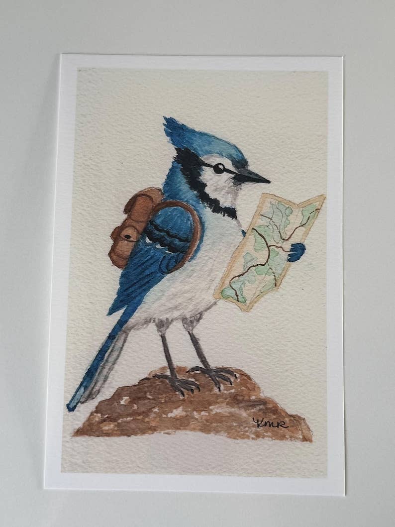 Backpacking Blue Jay Print | Watercolor Print | Bird Painting