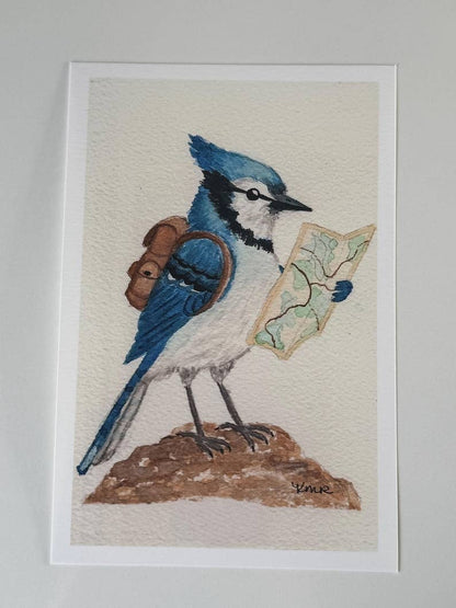 Backpacking Blue Jay Print | Watercolor Print | Bird Painting