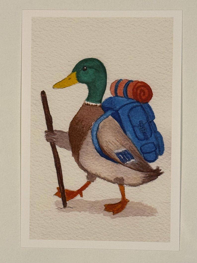 Backpacking Mallard Art Print | Whimsical Watercolor Duck Illustration | Bird Art