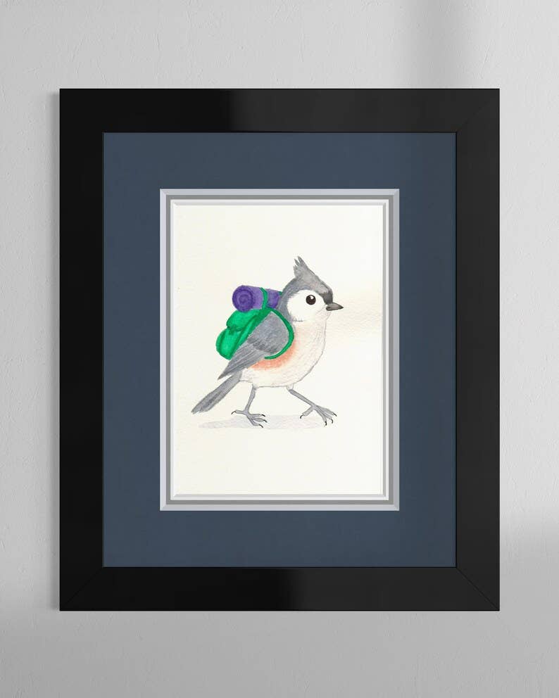 Backpacking Tufted Titmouse Art Print | Bird Hiking Illustration