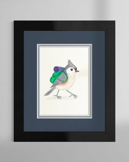 Backpacking Tufted Titmouse Art Print | Bird Hiking Illustration