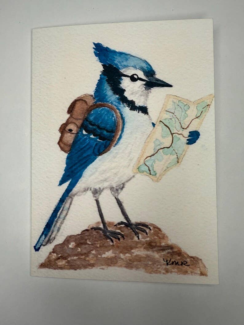 Backpacking Bird Watercolor Cards – Chickadee, Wren, Blue Jay Greeting Set (4"x5.5")
