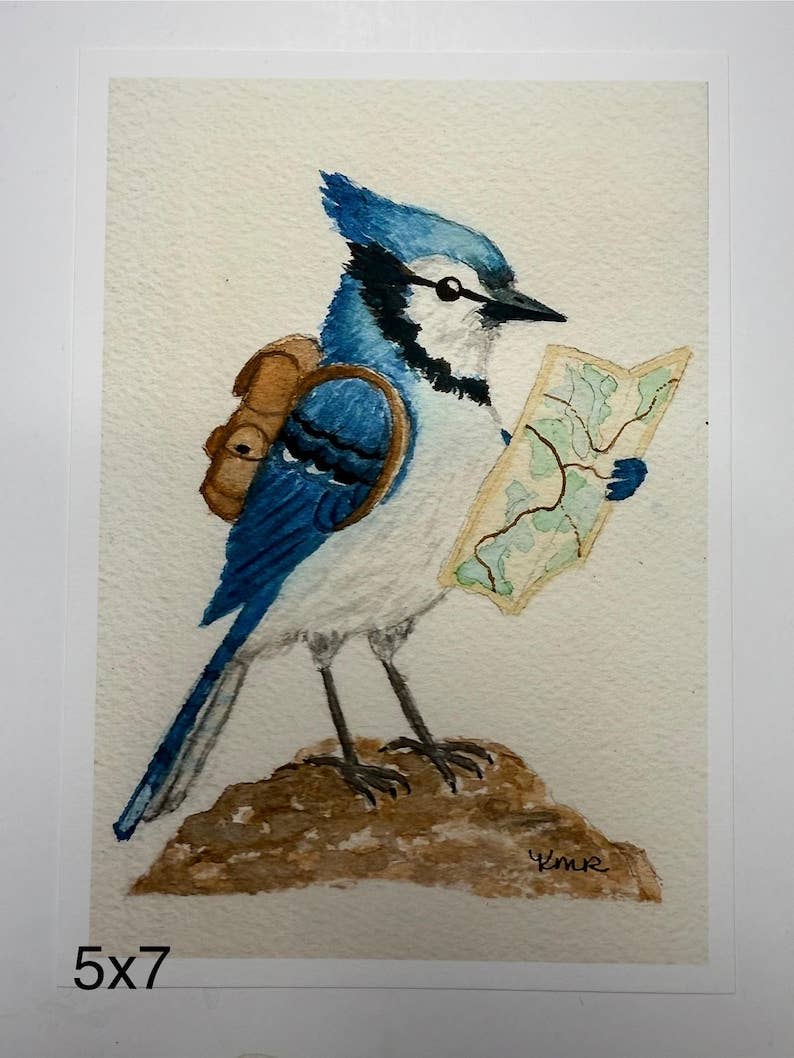 Backpacking Blue Jay Print | Watercolor Print | Bird Painting