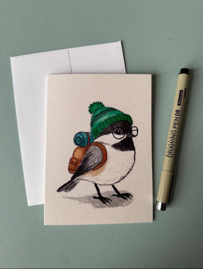 Backpacking Bird Watercolor Cards – Chickadee, Wren, Blue Jay Greeting Set (4"x5.5")