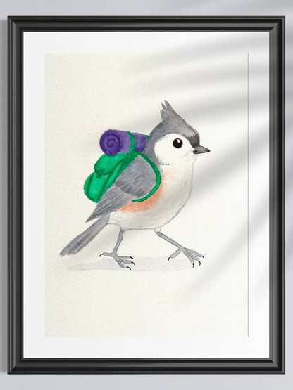 Backpacking Tufted Titmouse Art Print | Bird Hiking Illustration