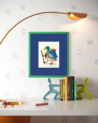 Backpacking Mallard Art Print | Whimsical Watercolor Duck Illustration | Bird Art