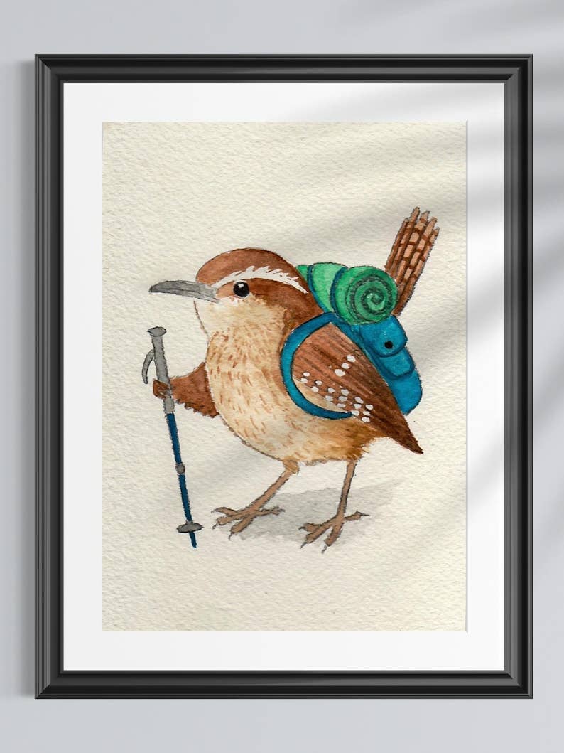 Backpacking Carolina Wren Print | Watercolor | Bird Painting