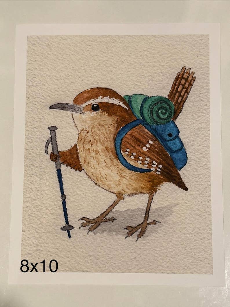 Backpacking Carolina Wren Print | Watercolor | Bird Painting