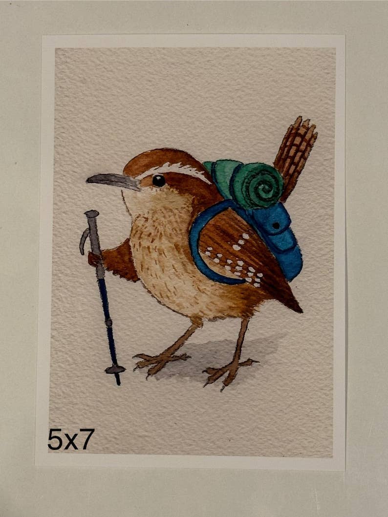 Backpacking Carolina Wren Print | Watercolor | Bird Painting