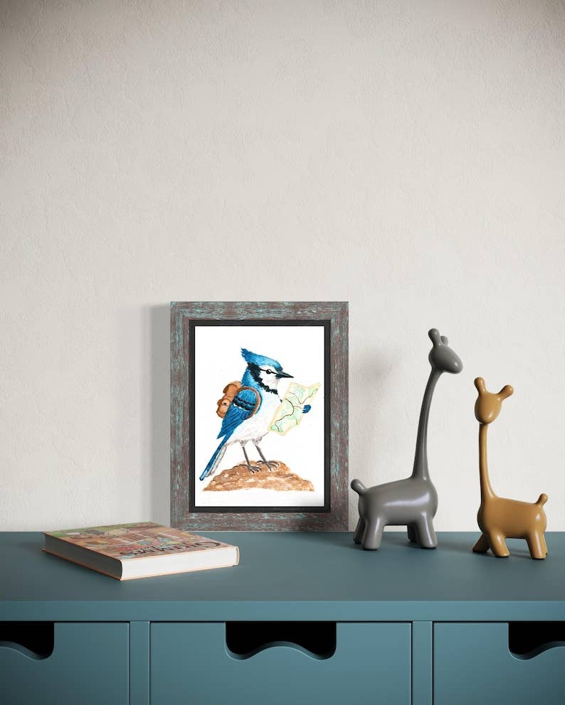 Backpacking Blue Jay Print | Watercolor Print | Bird Painting