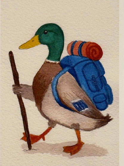 Backpacking Mallard Art Print | Whimsical Watercolor Duck Illustration | Bird Art