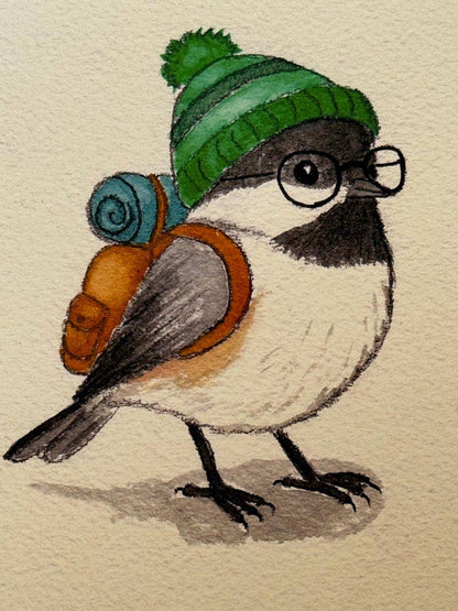 Backpacking Chickadee Print | Watercolor Print | Bird Painting