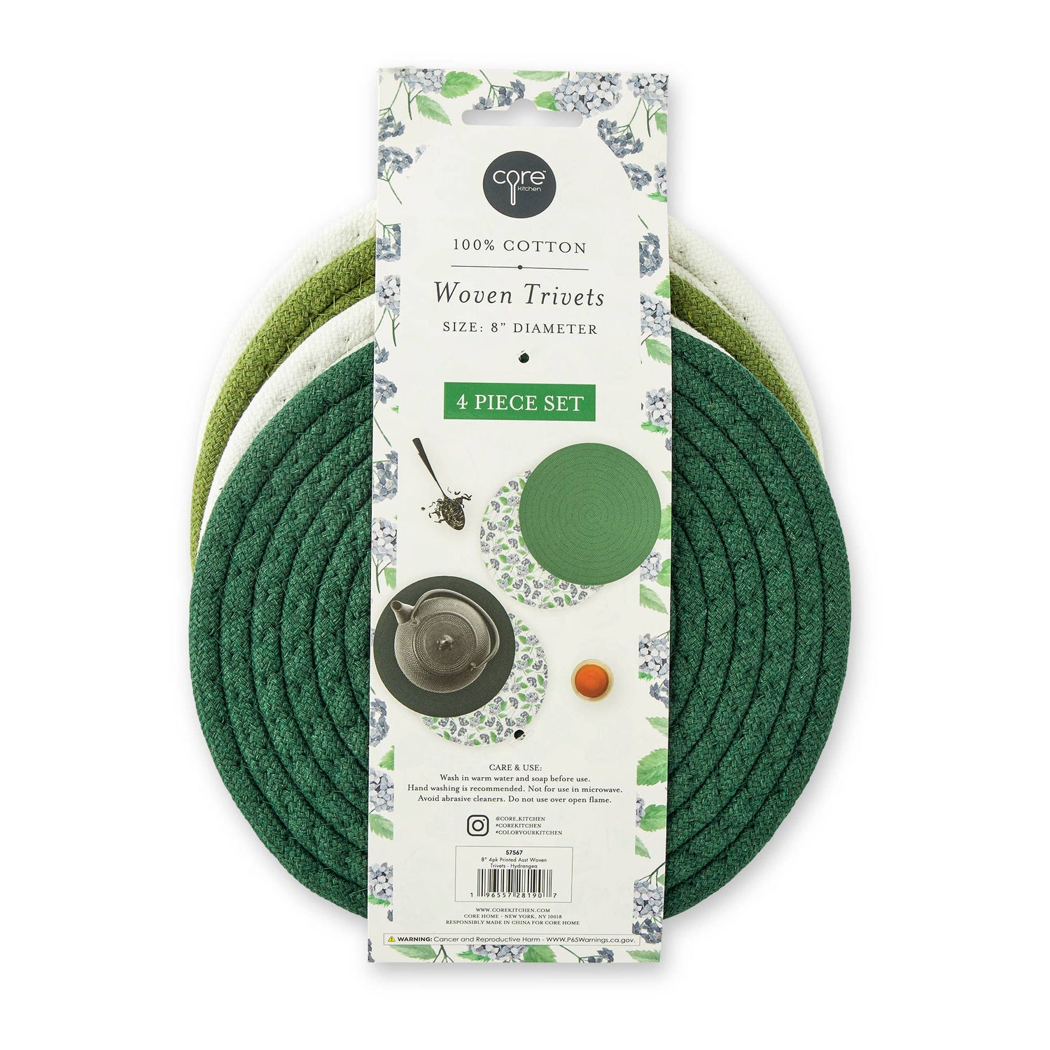 8" 4pk Printed Asst Woven Trivets - Hydrangea