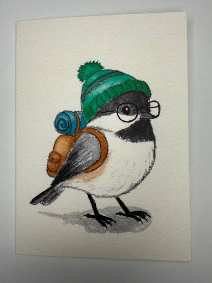 Backpacking Bird Watercolor Cards – Chickadee, Wren, Blue Jay Greeting Set (4"x5.5")