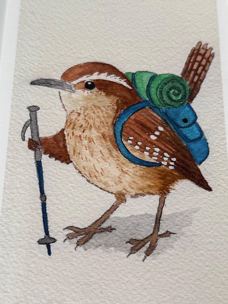 Backpacking Carolina Wren Print | Watercolor | Bird Painting