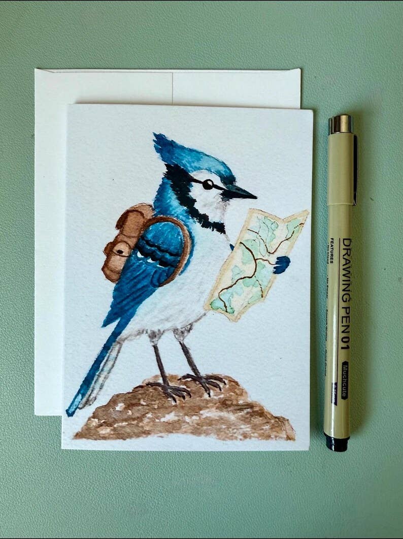 Backpacking Bird Watercolor Cards – Chickadee, Wren, Blue Jay Greeting Set (4"x5.5")
