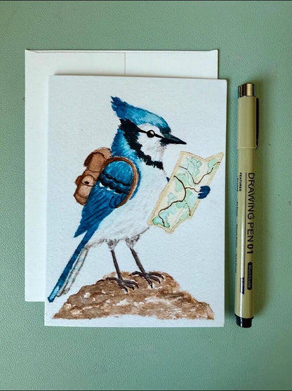 Backpacking Bird Watercolor Cards – Chickadee, Wren, Blue Jay Greeting Set (4"x5.5")