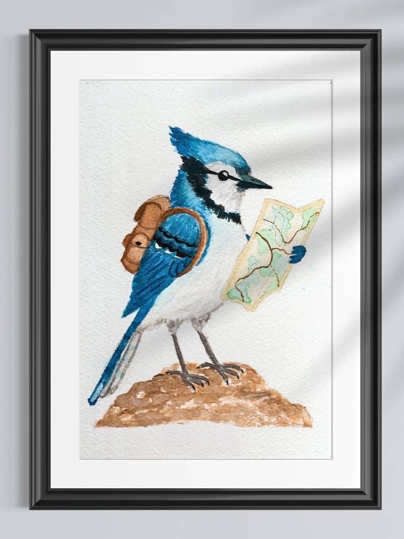 Backpacking Blue Jay Print | Watercolor Print | Bird Painting