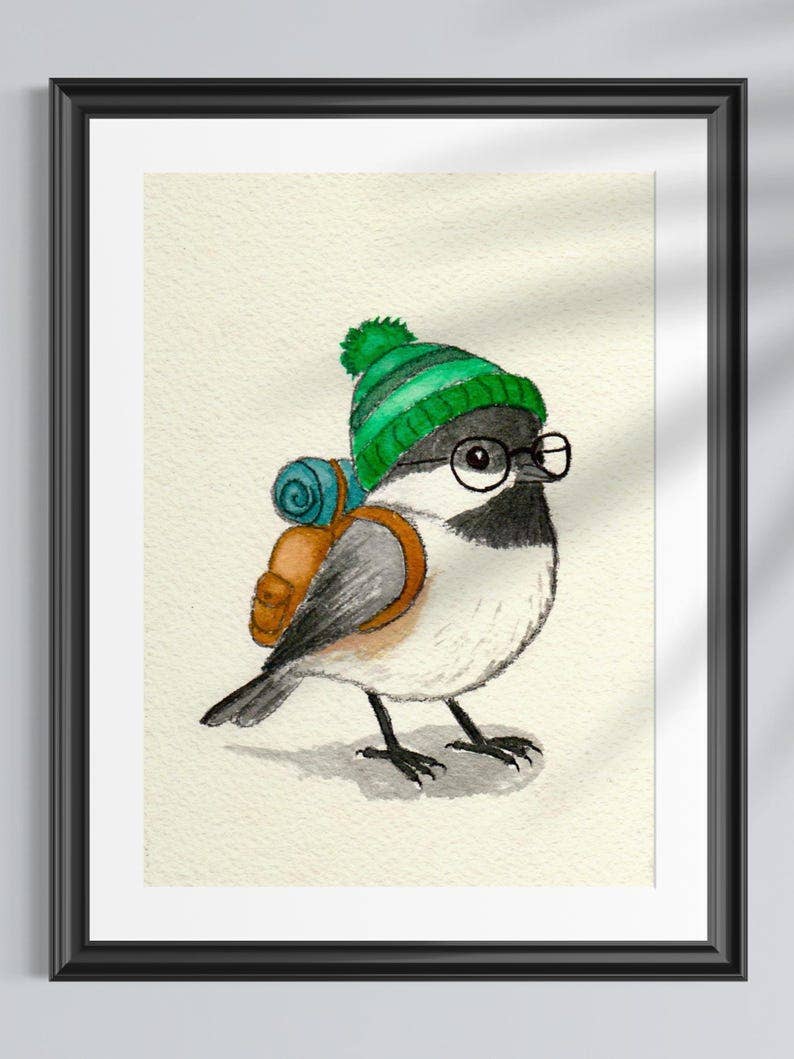 Backpacking Chickadee Print | Watercolor Print | Bird Painting