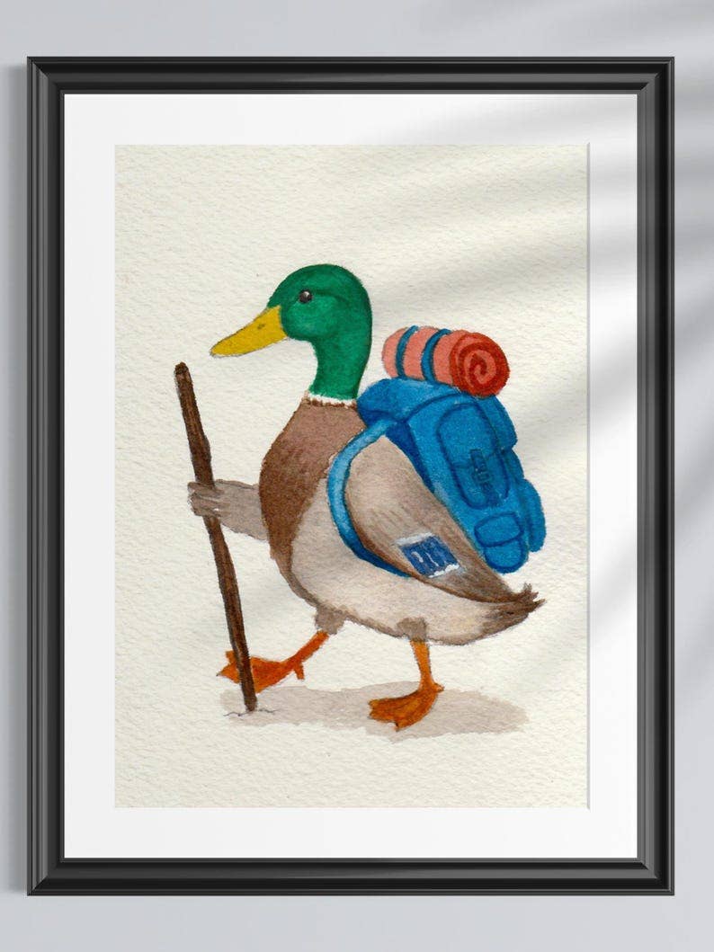 Backpacking Mallard Art Print | Whimsical Watercolor Duck Illustration | Bird Art